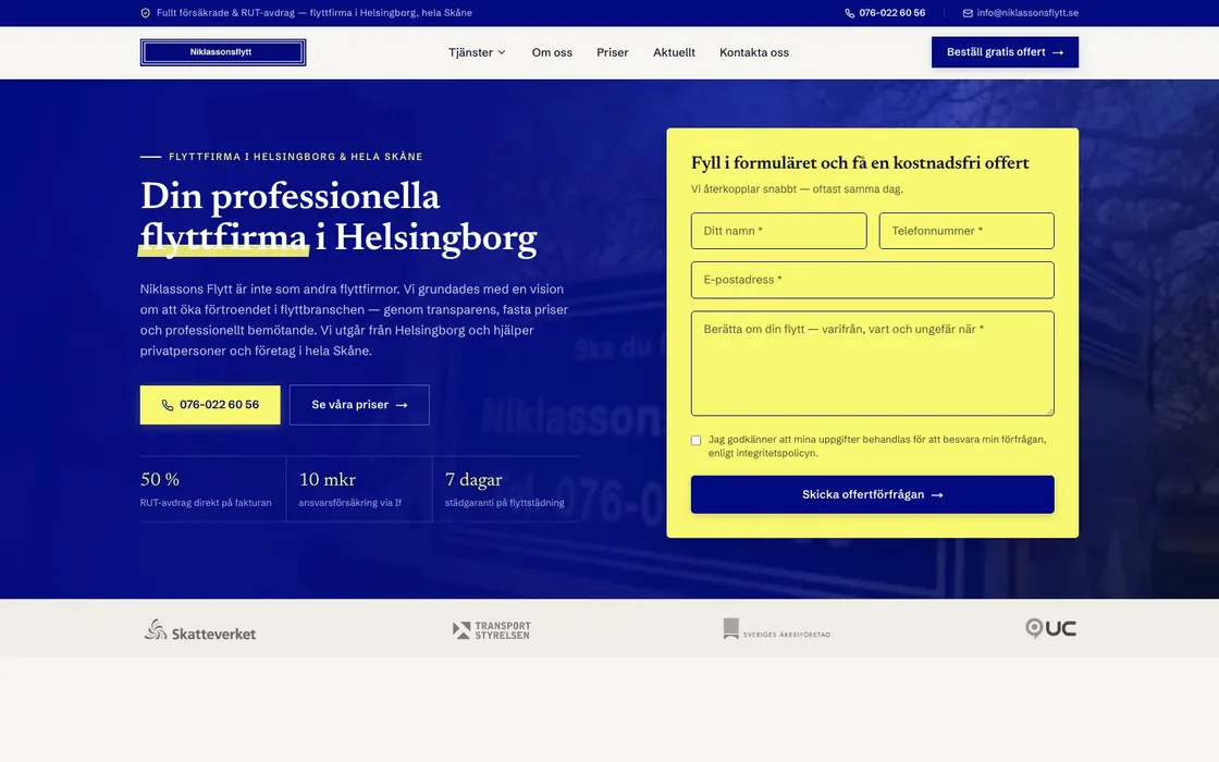 Startsidan för Niklassons Flytt